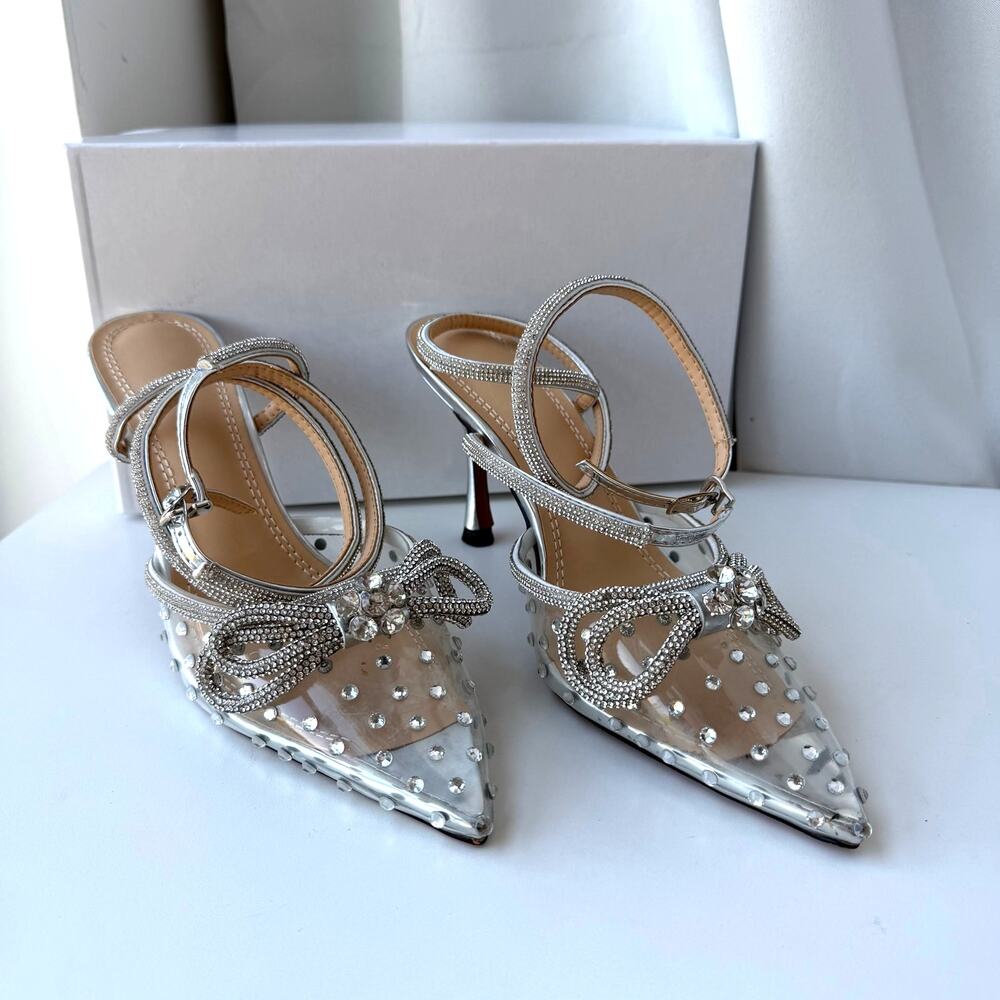 Unbranded (9/39) Silver Crystal Bow Clear PVC Pointed Toe Heels Y2K Bridal